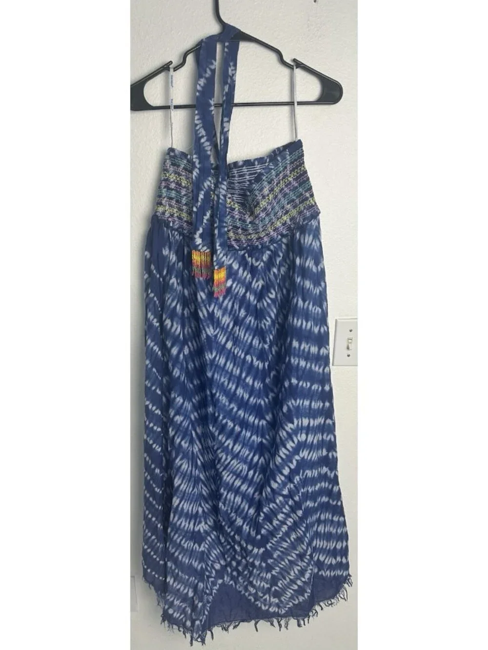 Blue Island Tie Dye Halter Dress Cover Up L Large Cotton Smocked High Low Boho